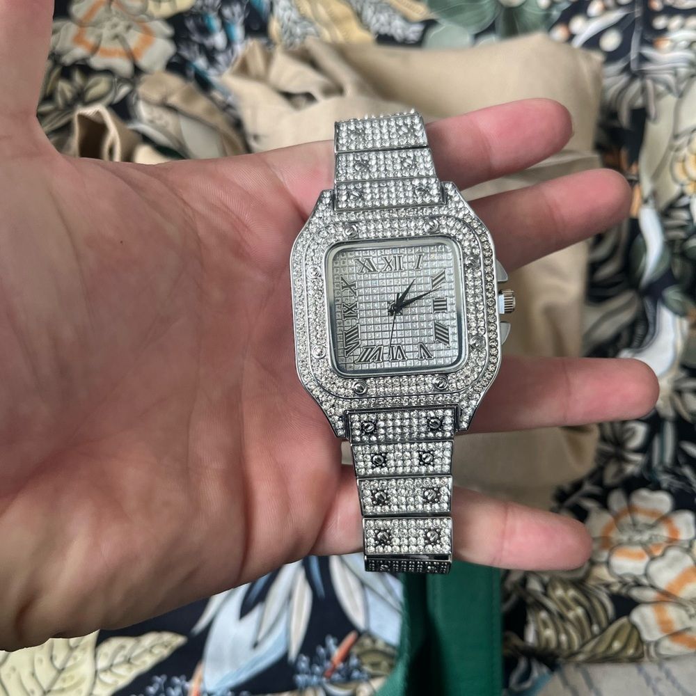 Iced Out Bust Down Silver Watch Simulated Diamond Hip Hop Bling Very Shiny